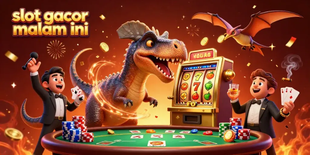 Experience the thrill of slot gacor malam ini with a pachycephalosaurus winning jackpots and chaos in a vibrant casino scene.