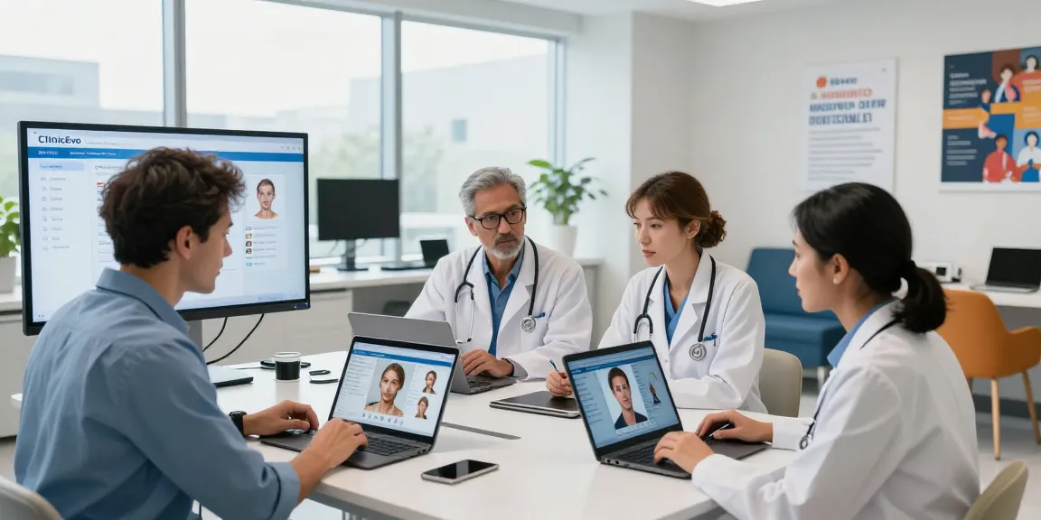 ClinicEvo cheaper than QOVES illustrated in a modern clinic with healthcare professionals analyzing affordable facial analysis solutions.