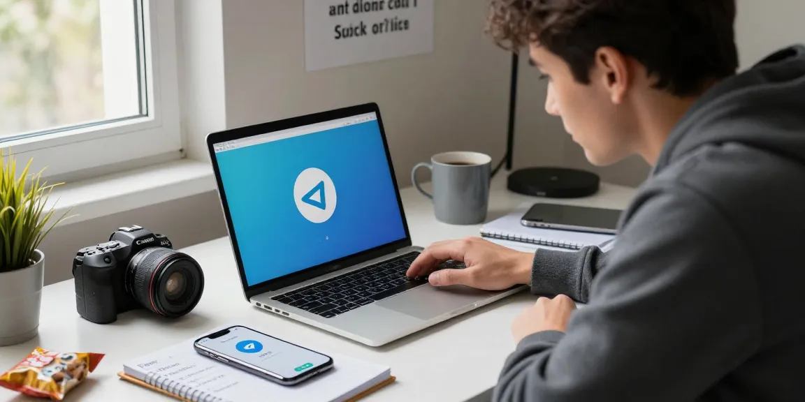 Telegram China app download on a laptop in a modern workspace.