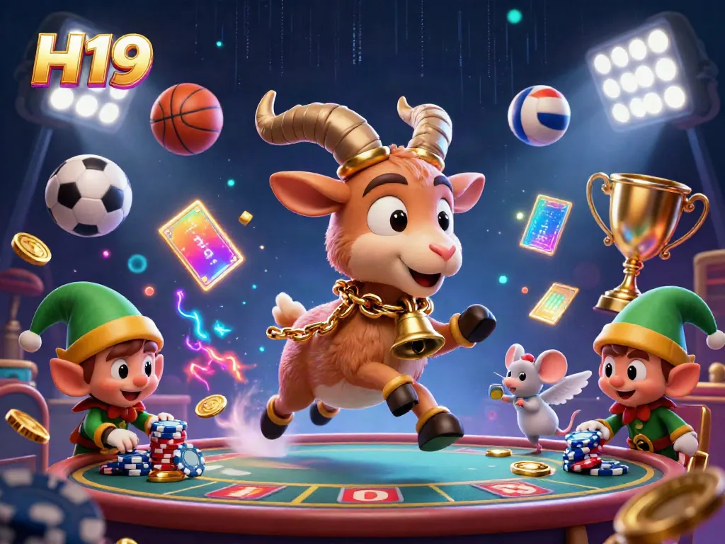 Experience H19's lively casino with dynamic characters, sports elements, and festive atmosphere.