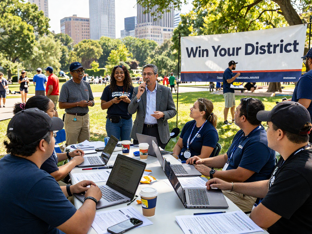 Team strategizing in park for geofencing political advertising campaign.