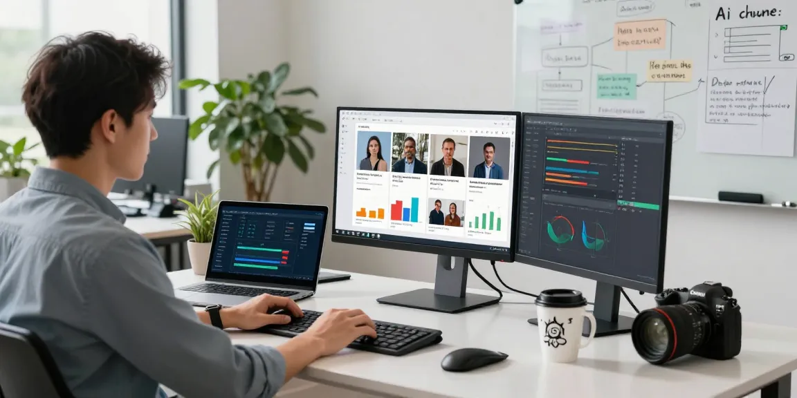 Dynamic workspace showcasing ai image detector analysis with vibrant screens and a data scientist at work.