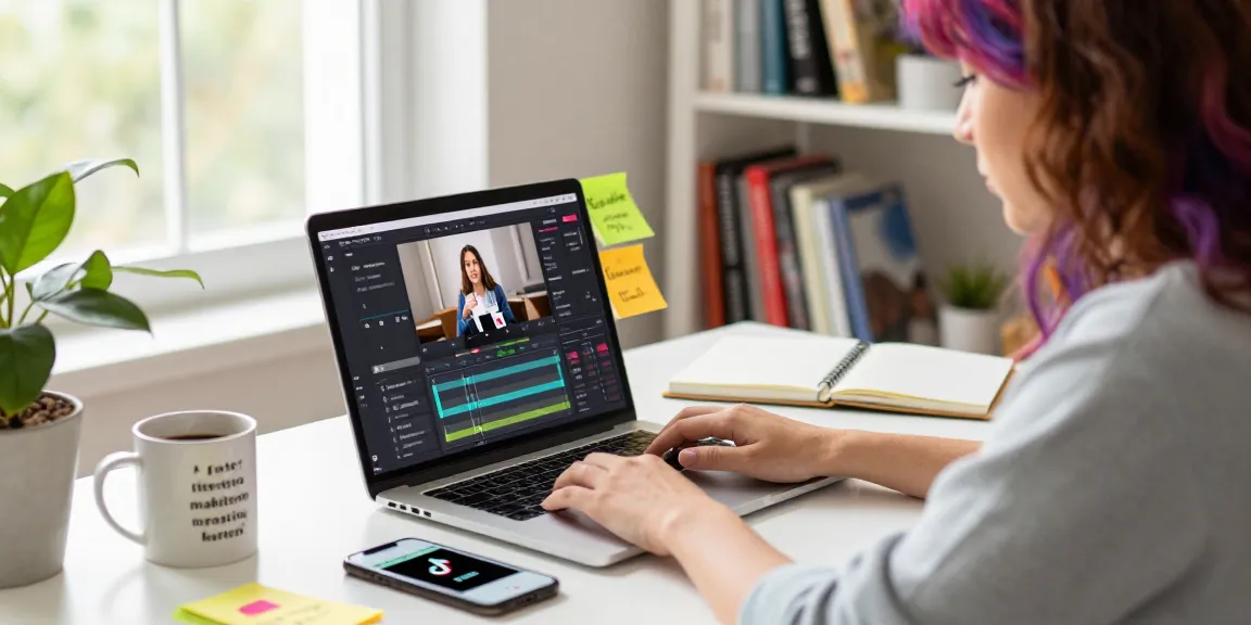 Learn how to buy views on TikTok in a vibrant home office setting, with TikTok analytics visible on a laptop.