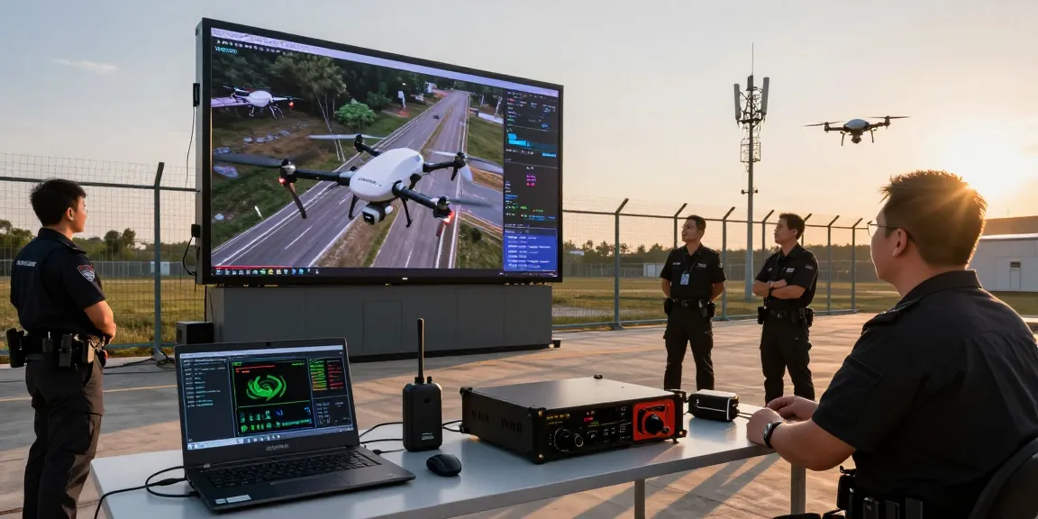 Dramatic scene showcasing a Drone jammer module in action at a security facility with personnel monitoring drones on a large screen.