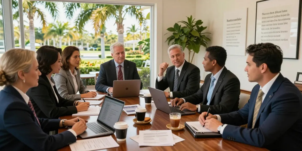 Palm Beach private club executive jobs meeting scene with diverse team discussing strategic plans and collaboration.