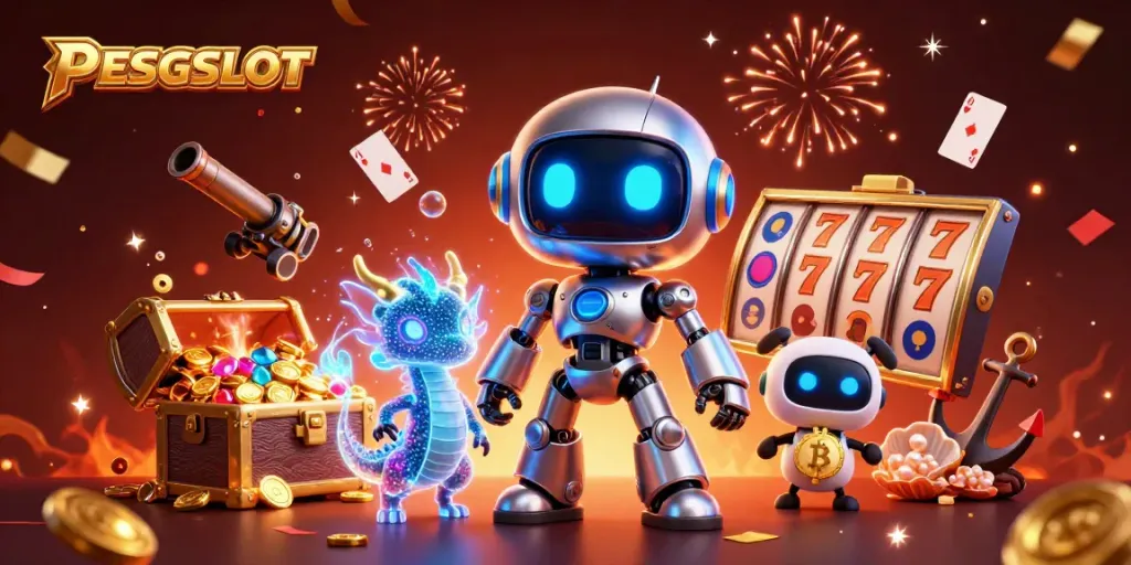 Gambarkan PESGSLOT dengan robot siber keren dan elemen slot yang mengesankan.