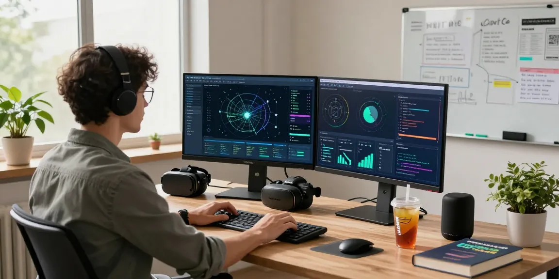 快连 developer working in a modern tech workspace with dual monitors showcasing network optimization tools.