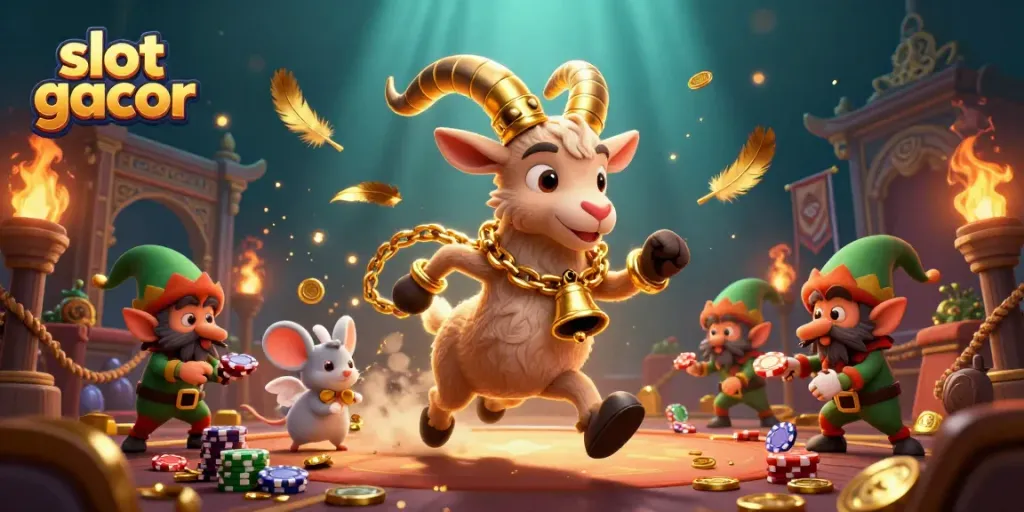 Permainan slot gacor menarik dengan karakter lucu, dikelilingi oleh koin emas dan efek cerah.