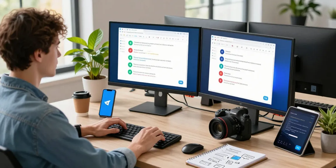 Professional workspace showcasing a developer using 纸飞机中文版 on dual monitors amidst a modern office setting.