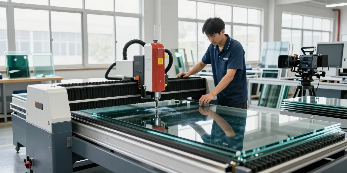 Technician using a glass cutting machine in a high-tech processing facility