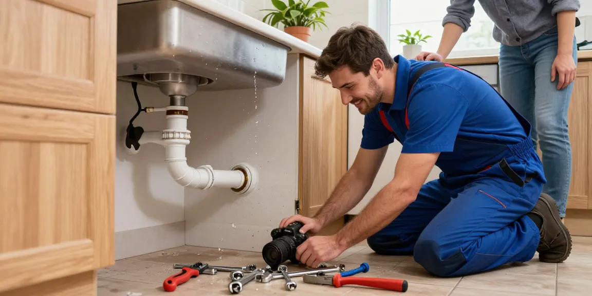 Emergency plumber in Northampton fixing a burst pipe under a kitchen sink, tools scattered around, warm home atmosphere.