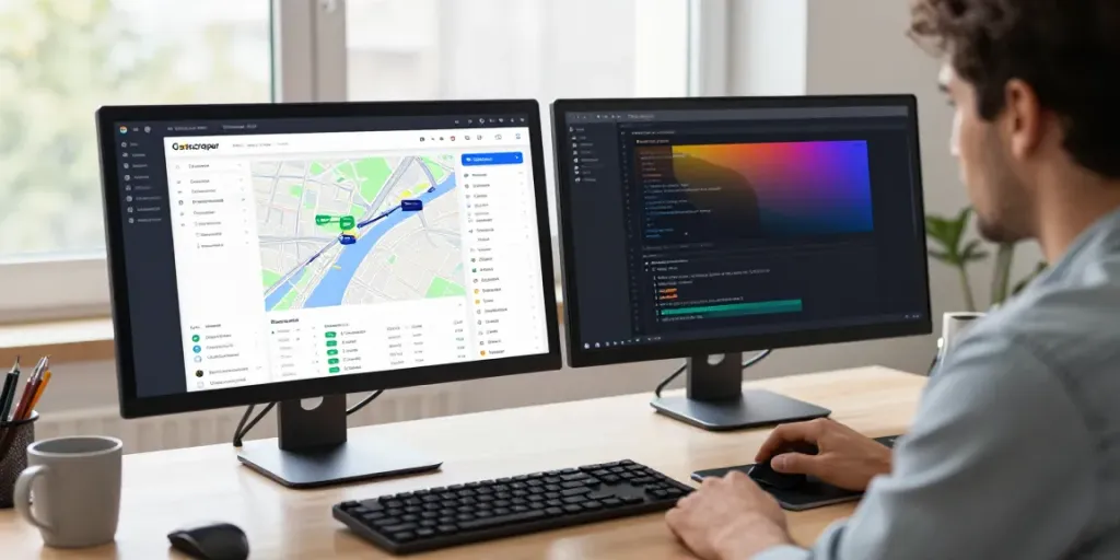 Google Maps scraping tool by Outscraper showcased in a modern workspace with a developer reviewing data and analytics.
