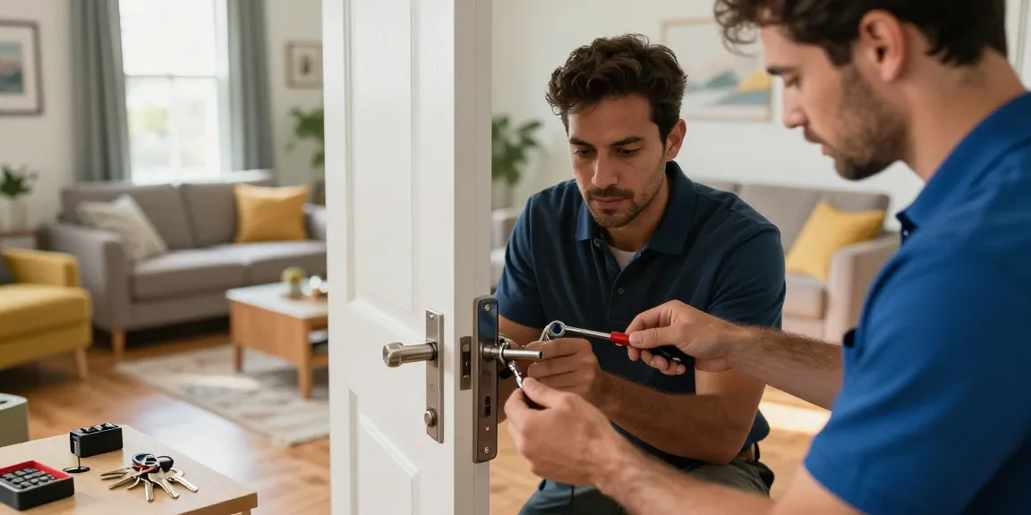 Fort Lauderdale locksmith providing expert assistance to a homeowner in a modern residential setting.
