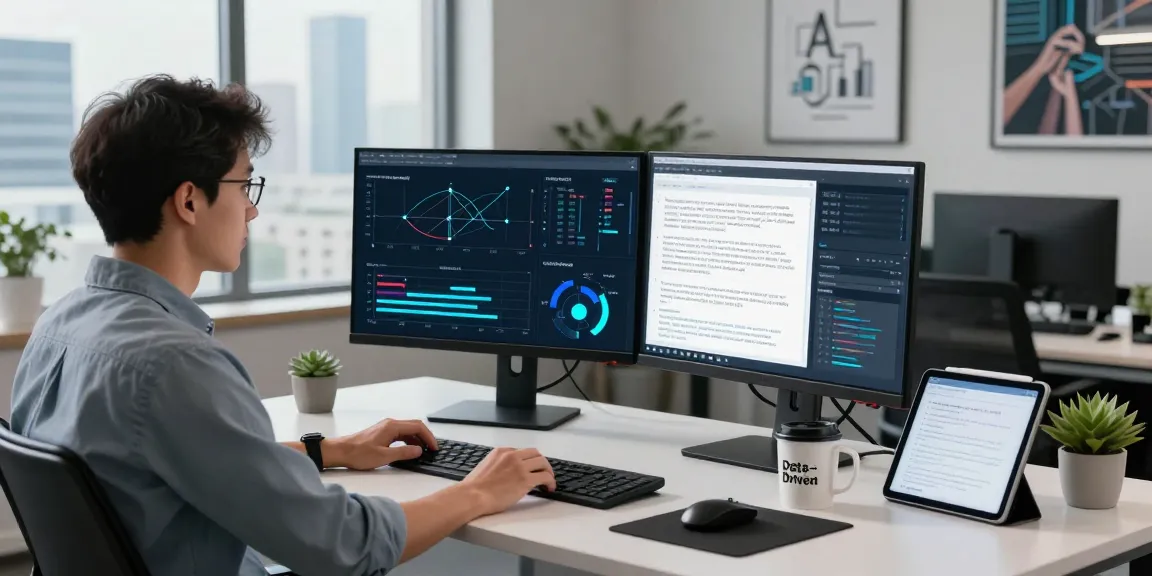 AI Detection workspace featuring a data scientist analyzing algorithms and visualizations with dual monitors.