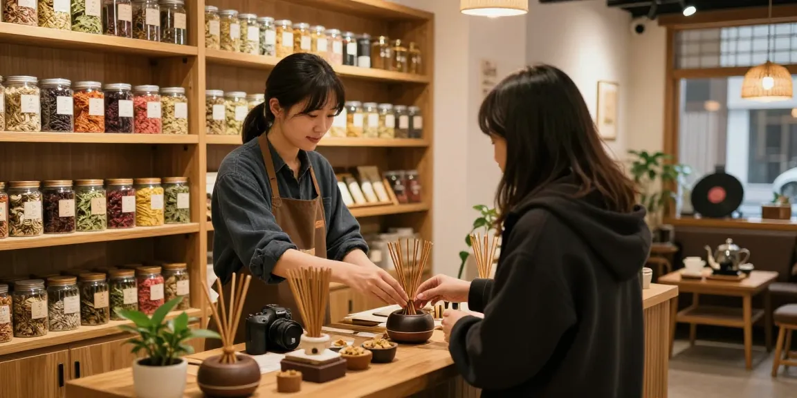 Inviting incense-high-com herbal shop interior with staff and products.