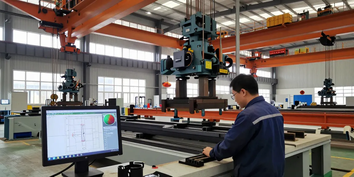 Gantry crane manufacturer technician assembling cranes in a modern facility.