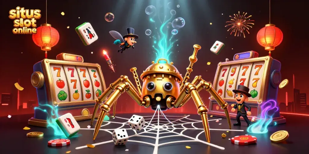 Engage in situs slot online fun with a dynamic illustration of a steampunk spider and a Victorian fly gentleman.