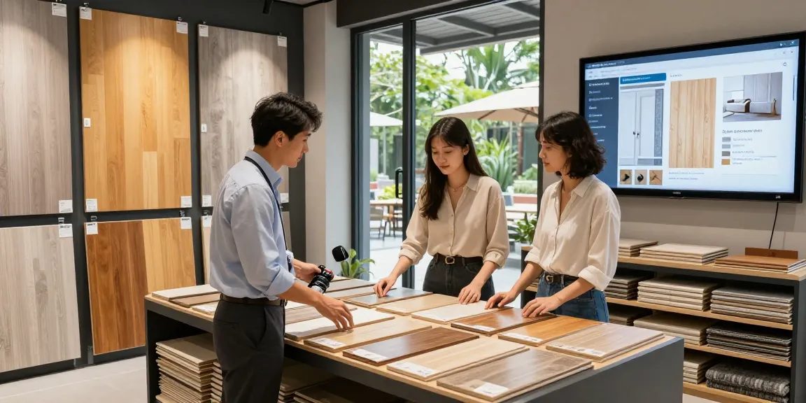 Engaging flooring software demonstration in a vibrant showroom with diverse floor samples.