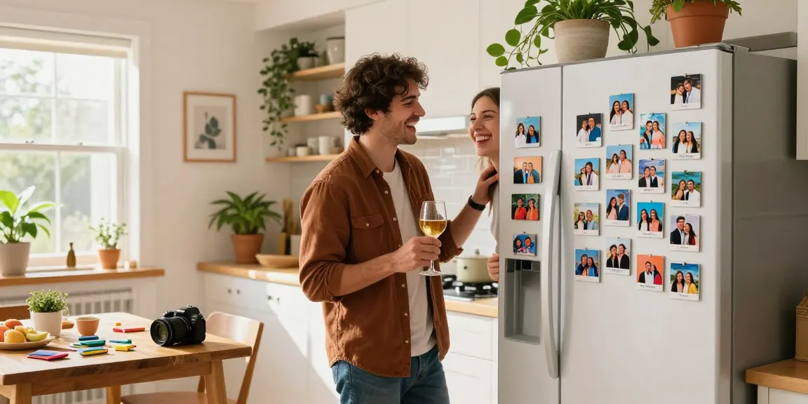 Personalized photo magnets displayed on a fridge, showcasing cherished memories with vibrant colors.