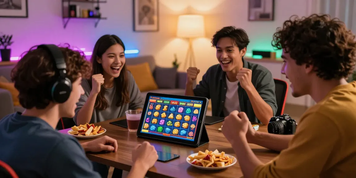 Exciting group of friends playing Mine Slot InOut Games on a tablet in a cozy living room with colorful gameplay.