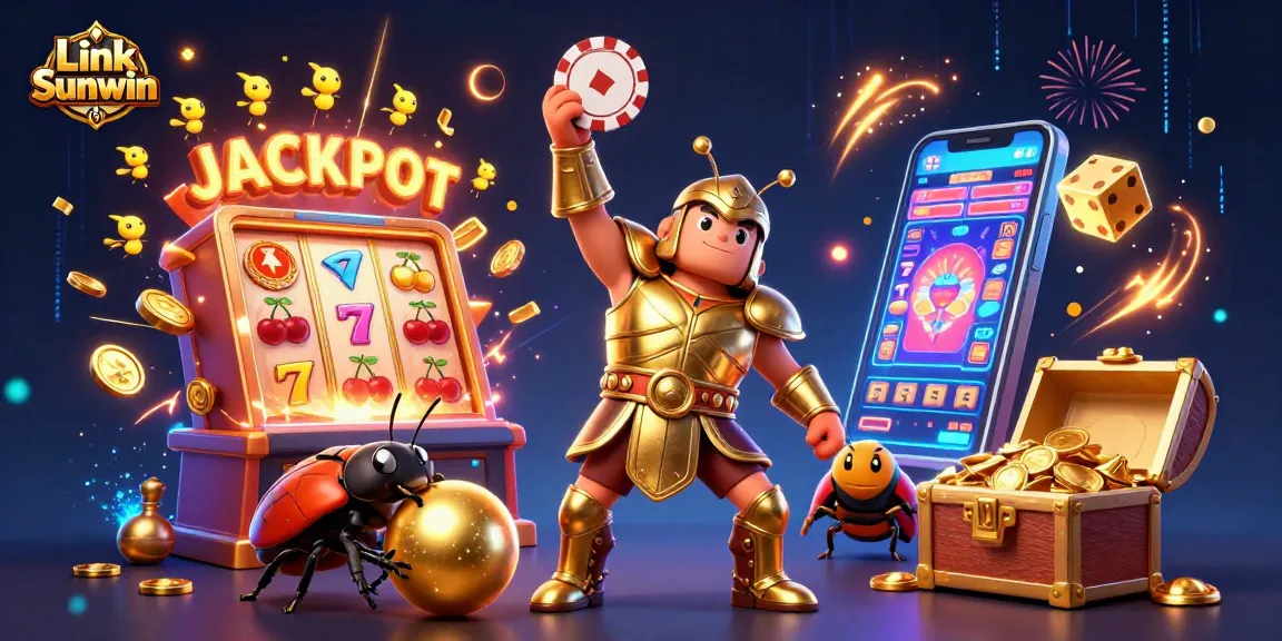 Link Sunwin: Celebrate big wins with a 3D casino illustration featuring beetles, slot machines, and vibrant gaming elements.