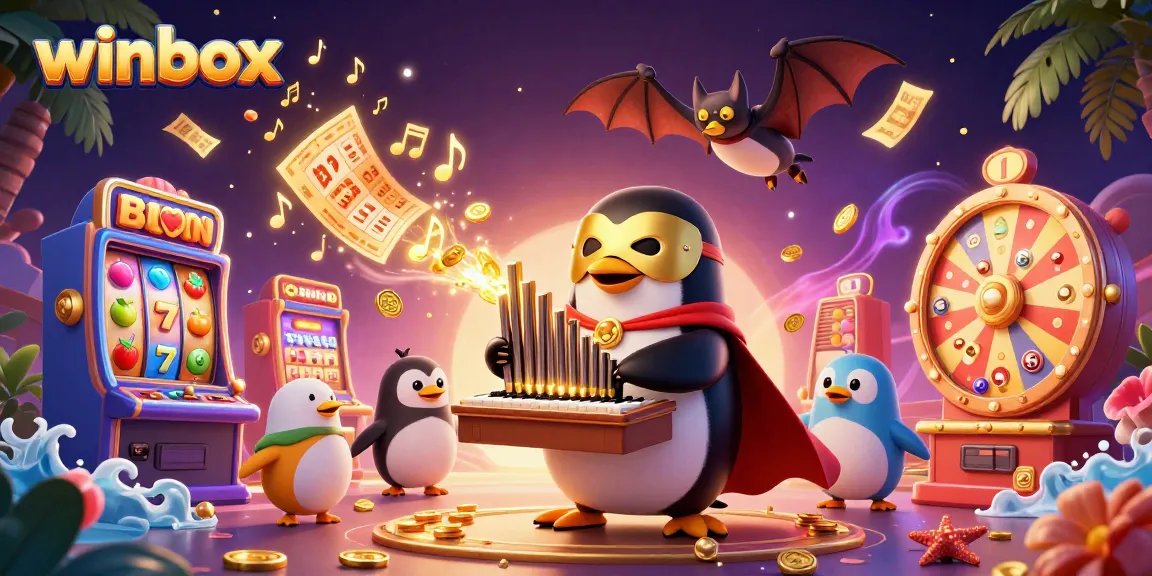 Winbox gaming scene with a penguin playing for exciting jackpots and dynamic lottery action.