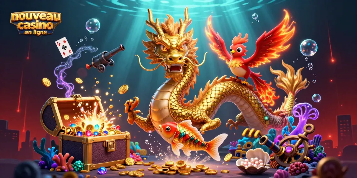 Célébrez le nouveau casino en ligne avec un dragon chinois doré, un phoenix et des poissons chanceux, entourés de pièces d'or.