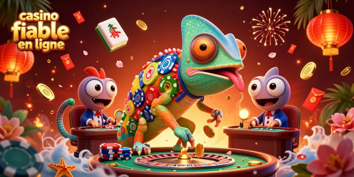 Découvrez un casino fiable en ligne avec un chameleon cartoon et des éléments de jeu vibrants. Jouez et gagnez!