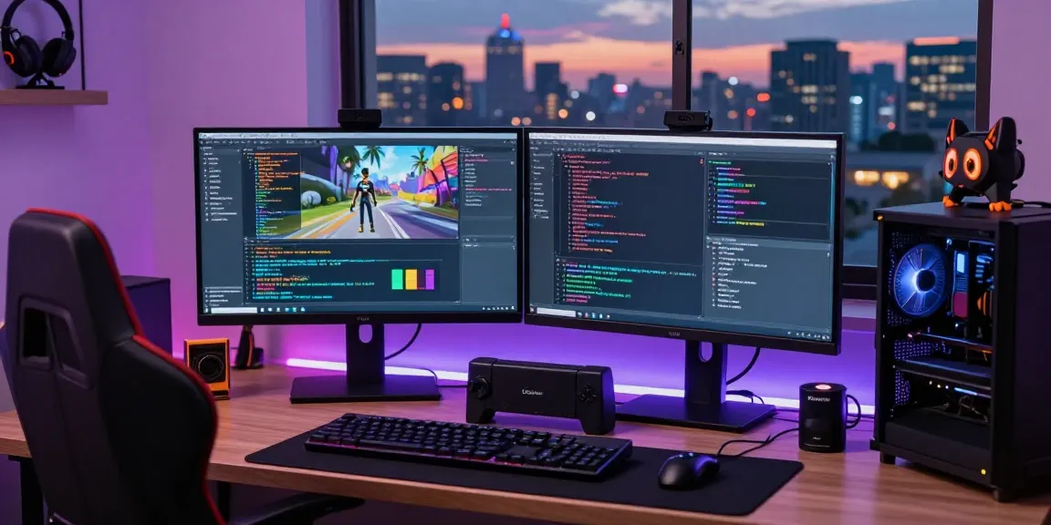 Developer enhancing FiveM Scripts in a vibrant gaming setup with dual monitors and city skyline.
