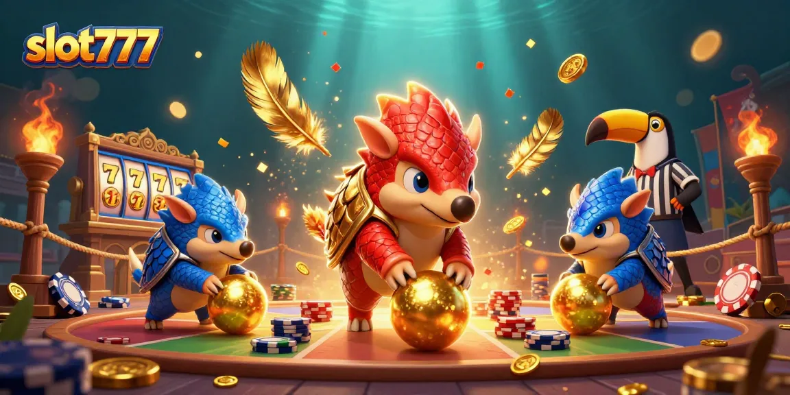 Experience the excitement of slot777 with pangolins competing through poker chips and jackpots in this lively casino scene.