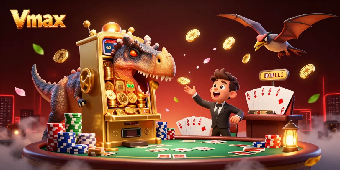 Vmax features a cartoon pachycephalosaurus winning coins from a golden slot machine in a busy casino scene.