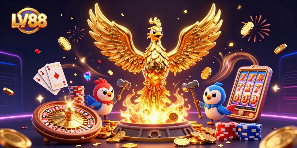 Experience the thrill of winning at LV88 casino with enchanting golden phoenix and dynamic gaming elements.