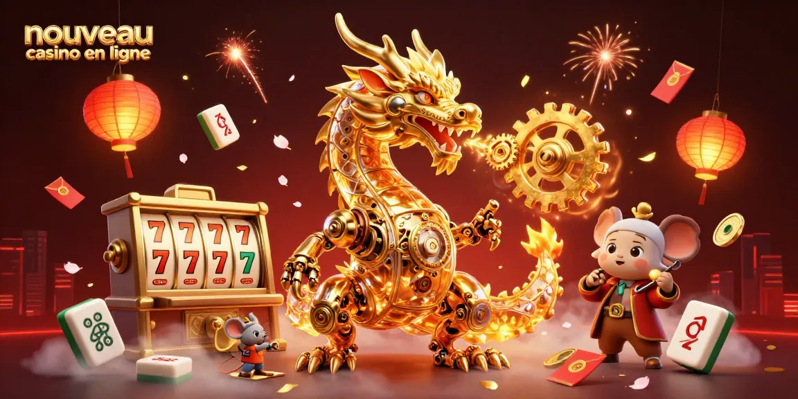 Jouer sur un nouveau casino en ligne, découvrez un dragon mécanique doré et de nombreux éléments de jeu flottants.