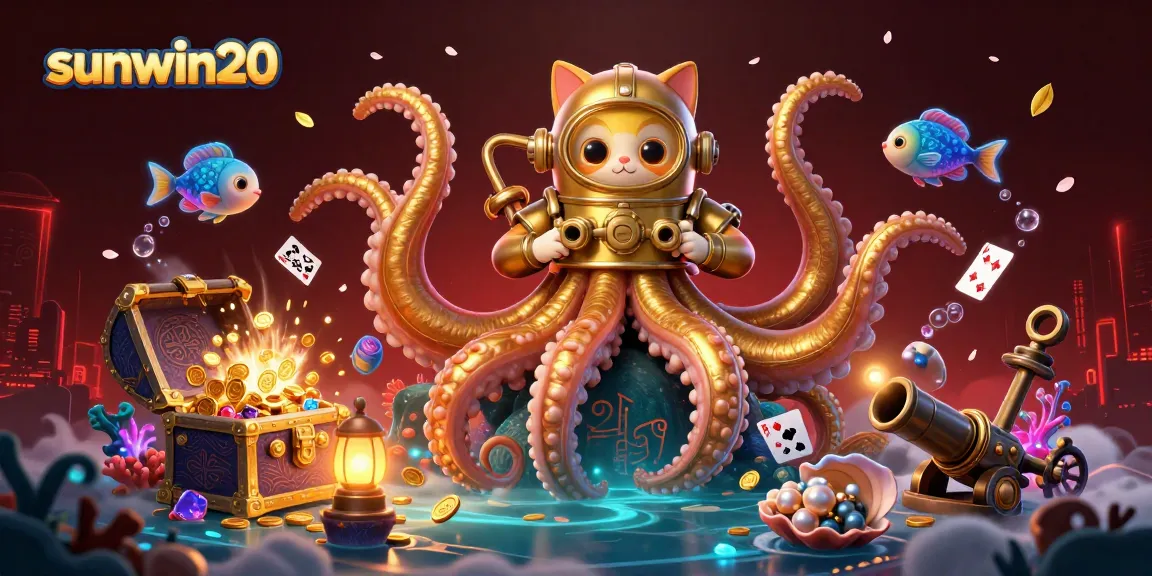 Engage with sunwin20's vibrant casino experience featuring a kraken, diving cat, and treasures.