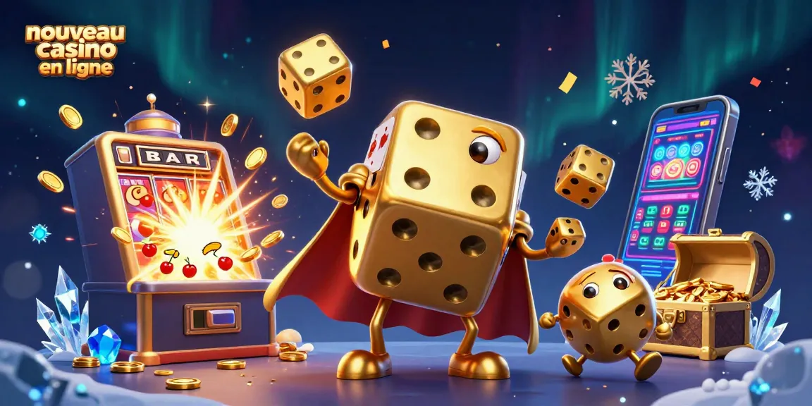 Plongez dans l'univers du nouveau casino en ligne avec une scène animée de dés en or et machines à sous explosant de pièces.