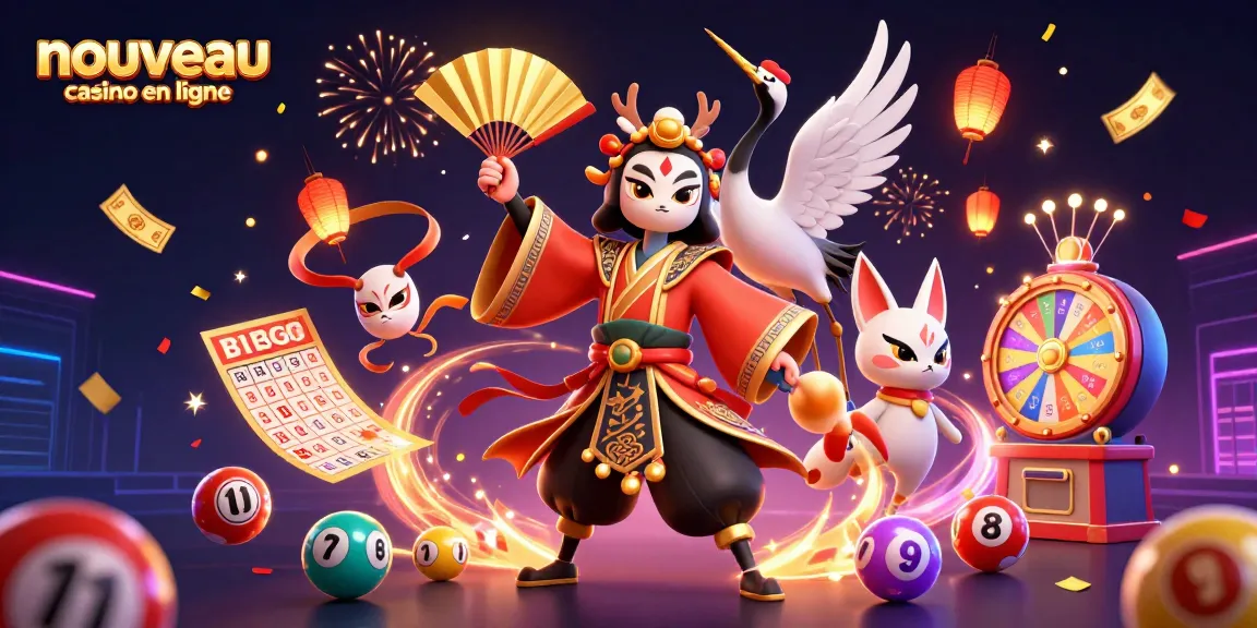 Explorez le nouveau casino en ligne avec une illustration vivante de personnages de jeu, jonglant avec les boules de loterie et les éléments festifs.