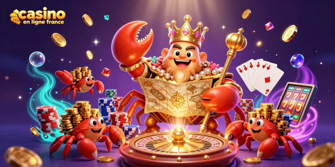 Découvrez l'univers du casino en ligne France avec un crabe doré et des serviteurs en coquille.