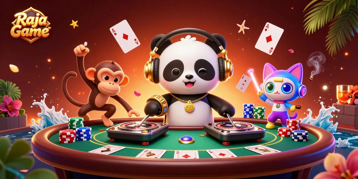 Engage with Raja Game's vibrant casino atmosphere featuring a DJ panda and dynamic game elements.