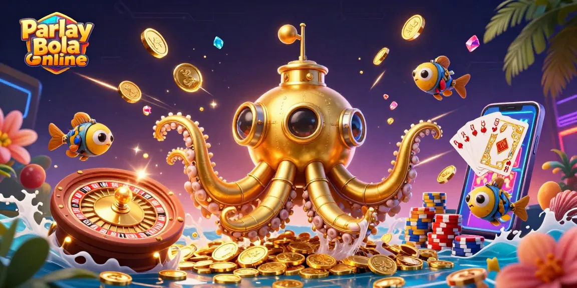 Engage in Parlay Bola Online with a vibrant 3D scene showcasing exciting gaming elements and characters.