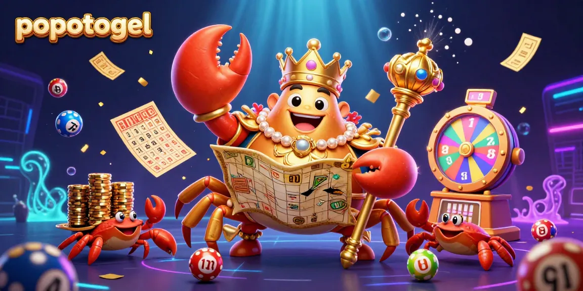 Experience popotogel's thrilling lottery action with a vibrant 3D scene featuring a golden crab emperor and dynamic elements.