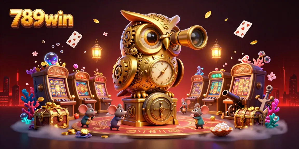 Immerse in the vibrant world of 789win, where a golden owl watches over thrilling casino adventures amidst swirling playing cards and coins.