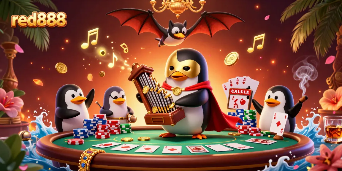 Experience excitement with red888 as a penguin plays a musical organ surrounded by poker symbols.