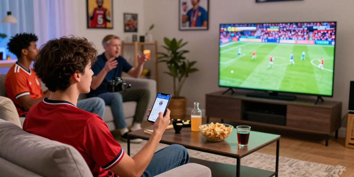 Engaged viewer enjoying kora live football streaming at home with friends.