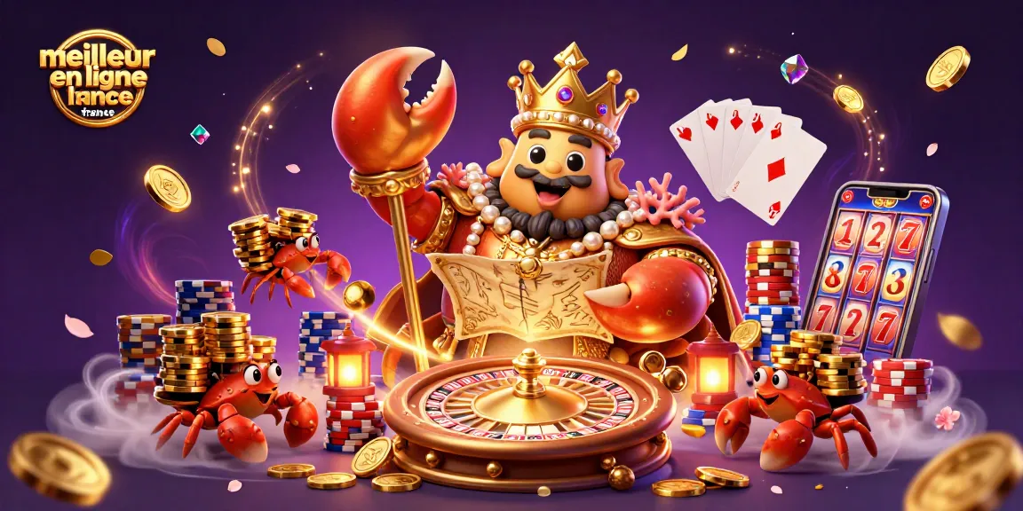 Jouez au meilleur casino en ligne France avec un crabe doré et des jetons d'or scintillants.