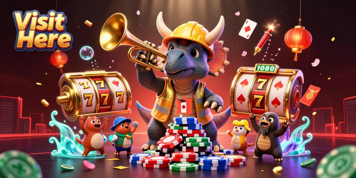Visit Here at the ATAS casino with animated triceratops and games, celebrating wins and exciting promotions.