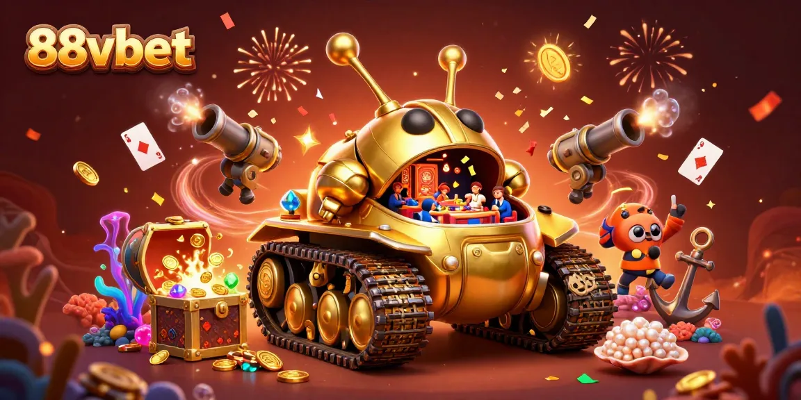 Experience the excitement of 88vbet's miniature casino in a golden beetle tank, celebrating with confetti and treasures.