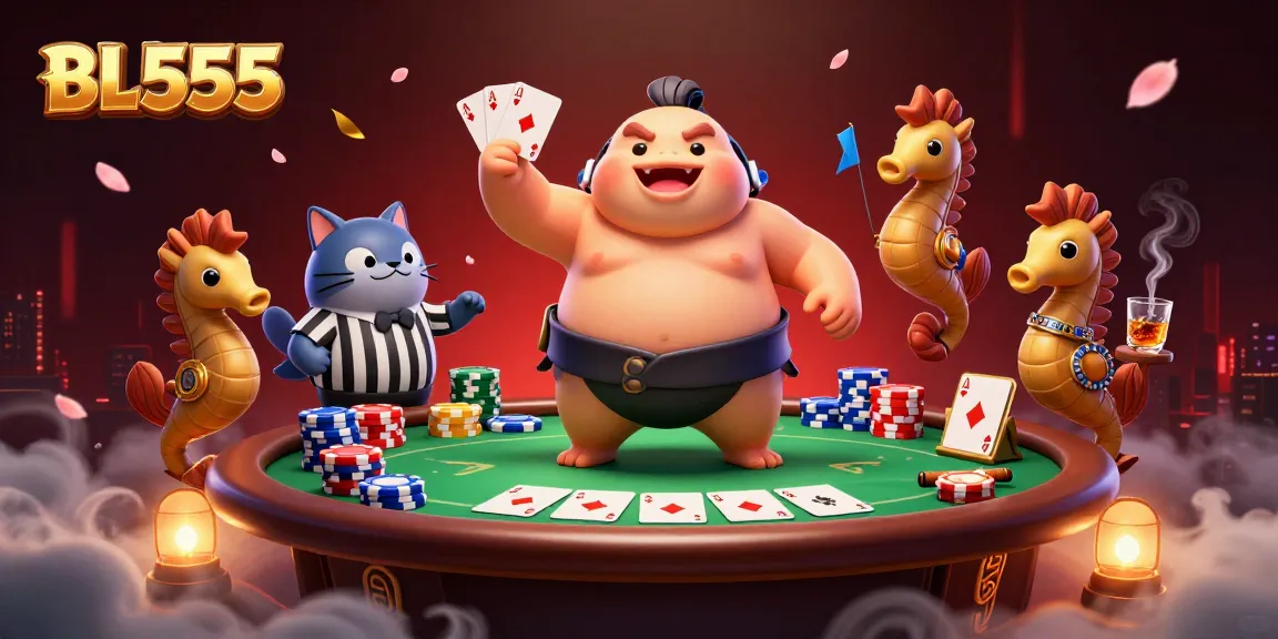 Experience BL555’s vibrant casino scene featuring a puffed up fugu in a sumo belt with poker elements.