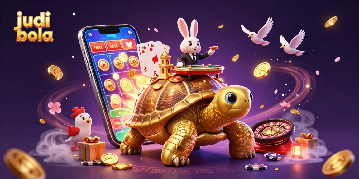 Place bets on judi bola with a golden tortoise casino, dynamic gaming elements, and vibrant rabbit dealer.