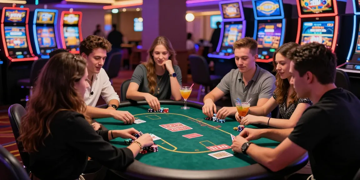 Exciting poker game at a casino gaming floor according to a casino news website with friends enjoying drinks and vibrant lights.