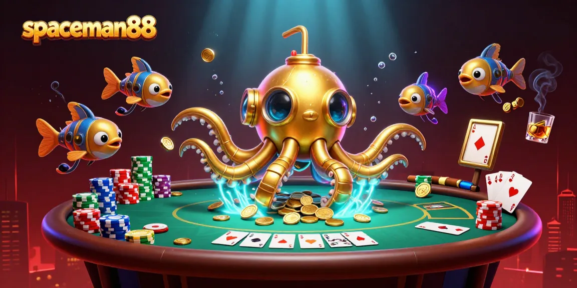 Experience the thrill of spaceman88 as the golden kraken submarine emerges from coins amidst a lively poker scene.